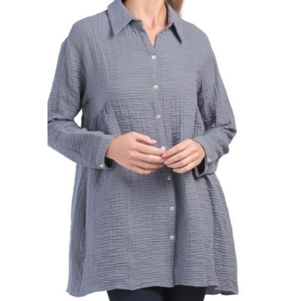 Zara Blue Crinkle Cotton Shirt Long Sleeve Button Down Tunic Top Large